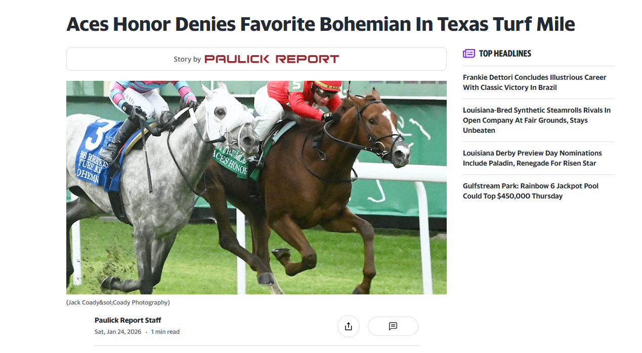 Aces Honor Denies Favorite Bohemian In Texas Turf Mile — Paulick Report, January 24, 2026. Photo: Jack Coady Photography.